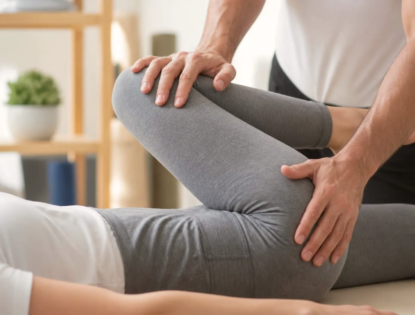 Close de mobilização suave do quadril em atendimento de fisioterapia