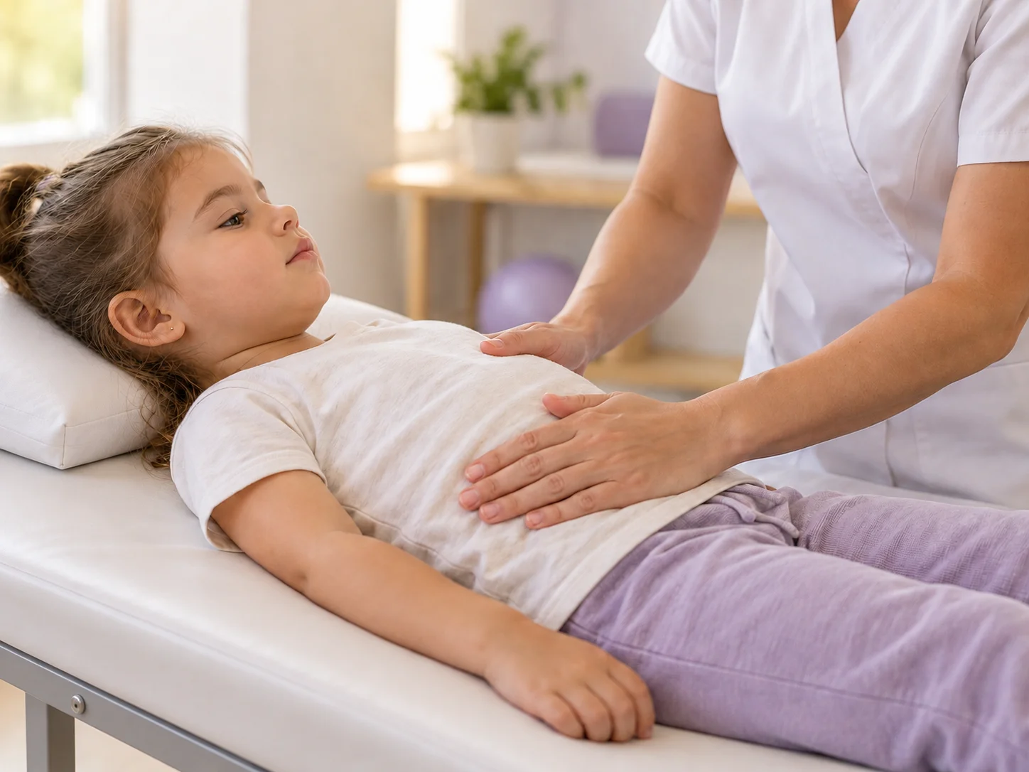 Atendimento de fisioterapia infantil com a criança deitada na maca