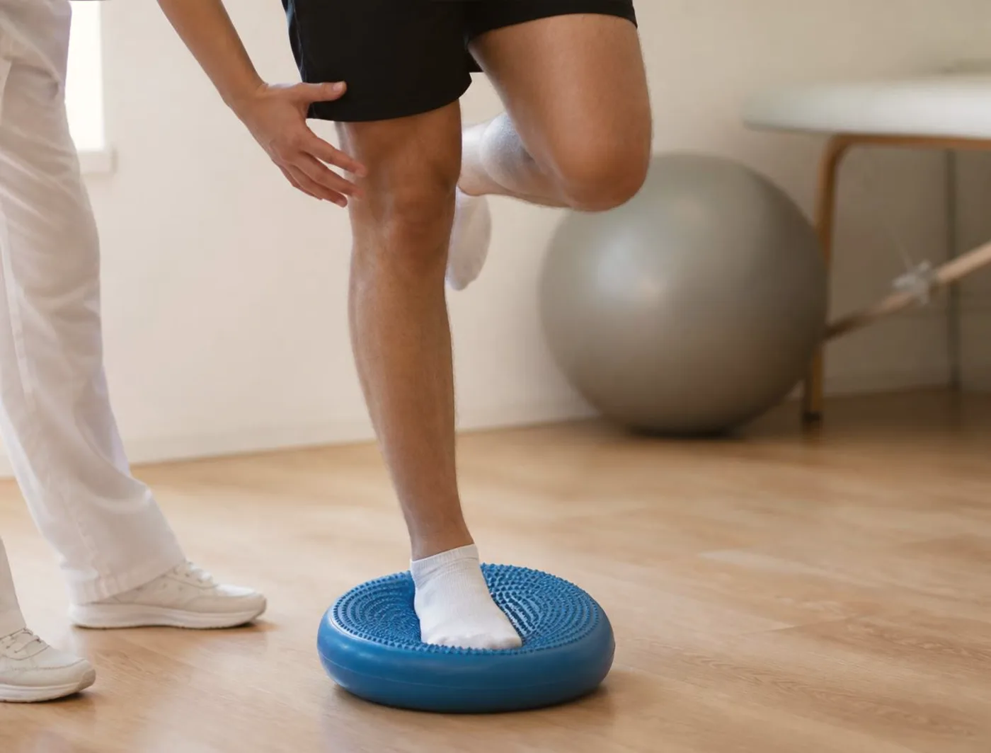 Close de exercício de equilíbrio e propriocepção com apoio do fisioterapeuta
